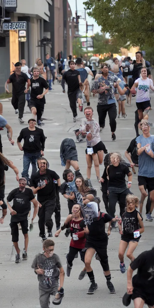 Image similar to horrifying and relentless demons hunt humans running down the street. The people being hunted are smiling with glee because this is the most exciting thing that has ever happened in Omaha.