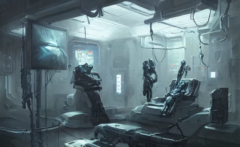 Image similar to neon surgery scanning machine prometheus cyberpunk futuristic, in a white room, art by giger, greg rutkowski