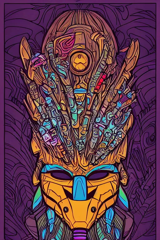 Image similar to totem animal mask tribal feather gemstone plant wood rock shaman vodoo video game vector illustration vivid color borderlands by josan gonzales and dan mumford radiating a glowing aura