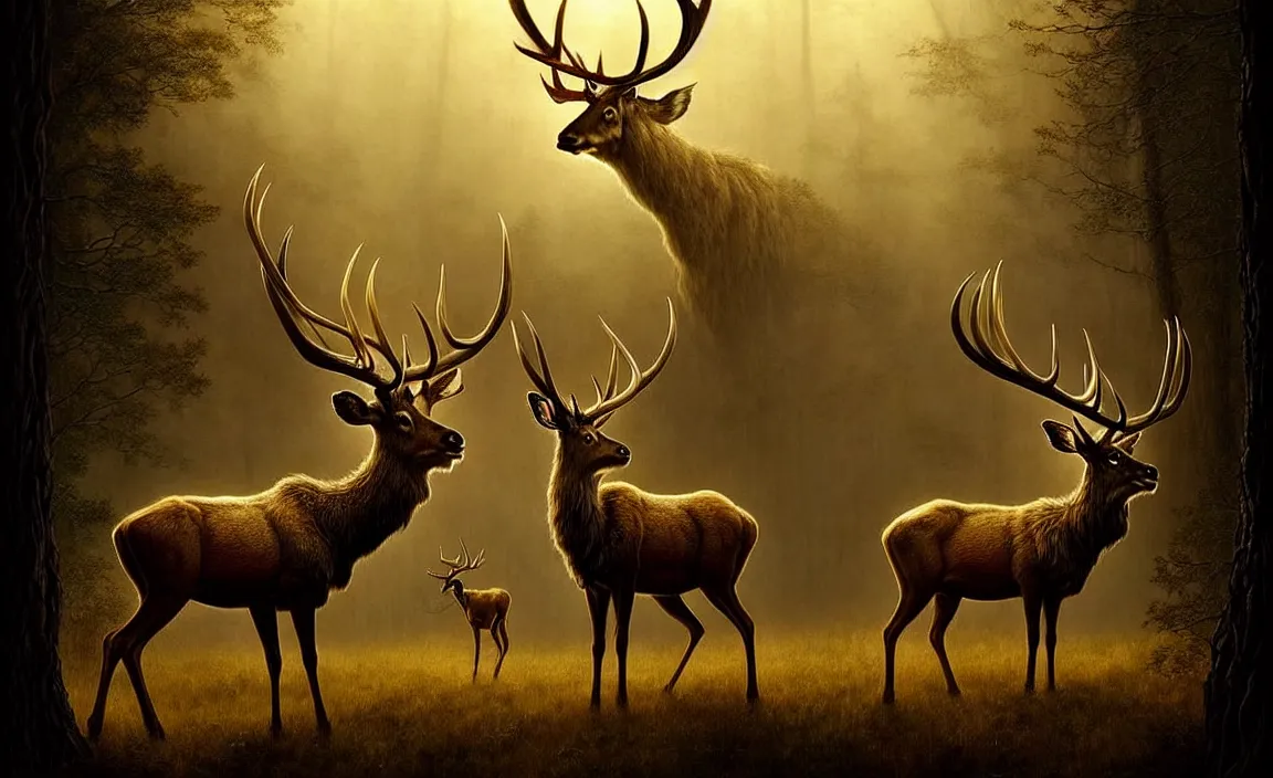 Image similar to epic professional digital art of antlered herbivores, faint golden moody atmospheric lighting, painted, intricate, detailed, detailed, foreboding, by leesha hannigan, wayne haag, reyna rochin, ignacio fernandez rios, mark ryden, iris van herpen,, epic, stunning, gorgeous, much wow, cinematic, masterpiece.