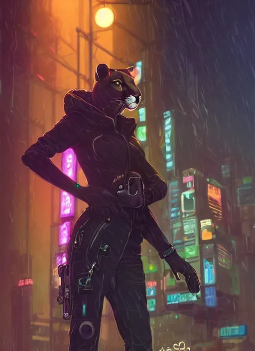 Image similar to beautiful portrait commission of a female furry anthro mountain lion wearing a bullet proof vest and cargo pants. Cyberpunk city at night in the rain. Neon light. Atmospheric. Character design by charlie bowater, ross tran, artgerm, and makoto shinkai, detailed, inked, western comic book art