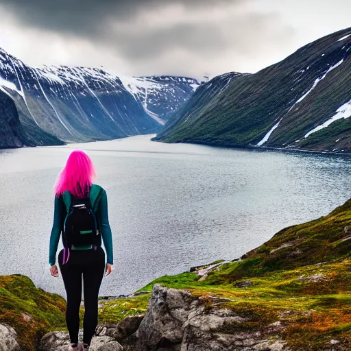 Prompt: a young woman with long pink hair looking at fjords, hiking clothes, tank top, backpack, norway, fjords in background, cinematic, beautiful, stunning, day time, epic, 8 k