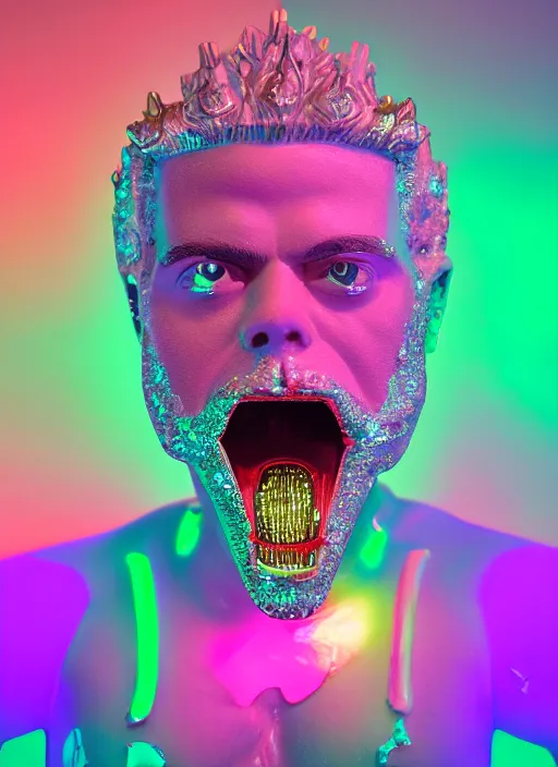 Prompt: photo of baroque and bladerunner delicate neon diamond sculpture of ceramic seductive albino prince oscar isaac delicious tongue sticking out, creamy pink iridescent humanoid deity wearing red furry hoody holding diamond skull in a green metallic dungeon, reclining, glowing rainbow face, crown of white diamonds, cinematic lighting, photorealistic, octane render 8 k depth of field 3 d