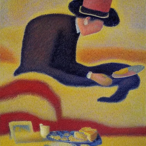 Image similar to a dying mexican man clinging to a cheesecake, oil painting, by georges seurat