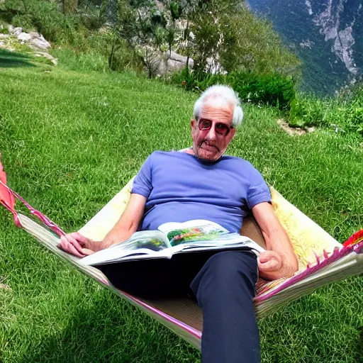 Image similar to my older italian wise friend on a hammock, reading new book, gravity is strong, he is very relaxed, snug legs, mountains in a background