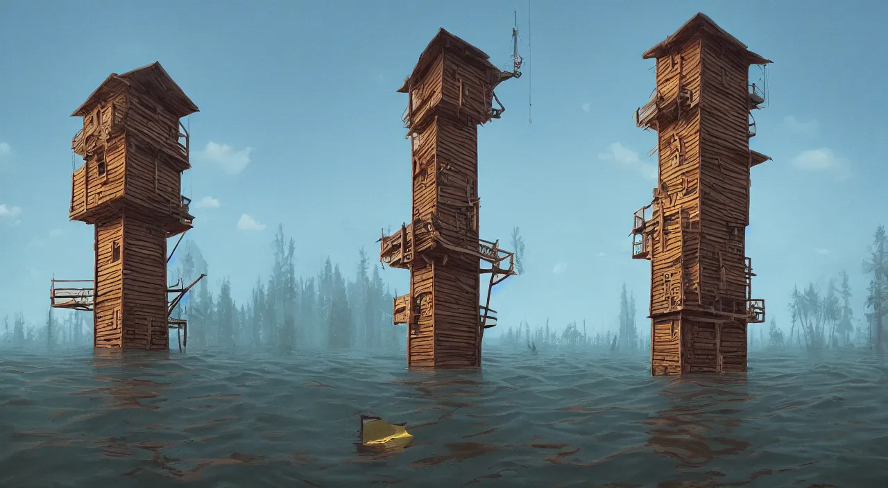 Prompt: single flooded simple wooden tower, very coherent and colorful high contrast ultradetailed photorealistic masterpiece by simon stalenhag, dark shadows, sunny day, hard lighting