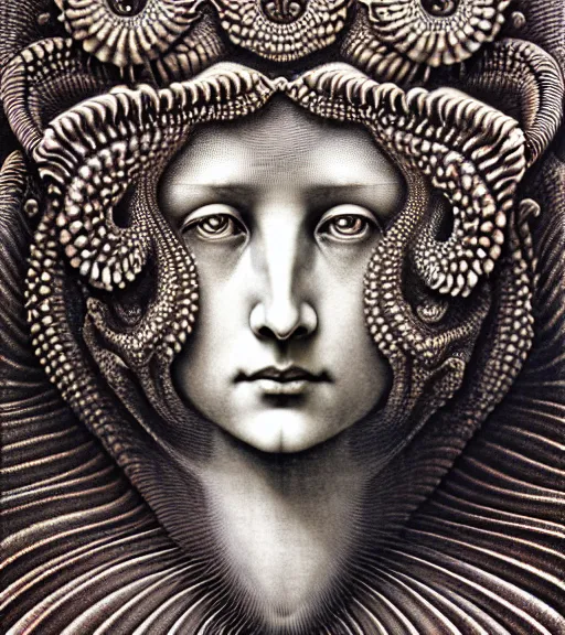 Prompt: detailed realistic beautiful murex goddess face portrait by jean delville, gustave dore, iris van herpen and marco mazzoni, art forms of nature by ernst haeckel, art nouveau, symbolist, visionary, gothic, neo - gothic, pre - raphaelite, fractal lace, intricate alien botanicals, ai biodiversity, surreality, hyperdetailed ultrasharp octane render