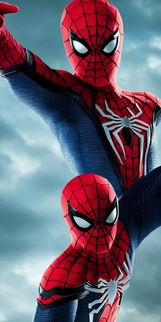 Image similar to Spider-Man's new costume design, intricate webbing, live action, cinematic lighting, rim lighting, 4k, heroic pose