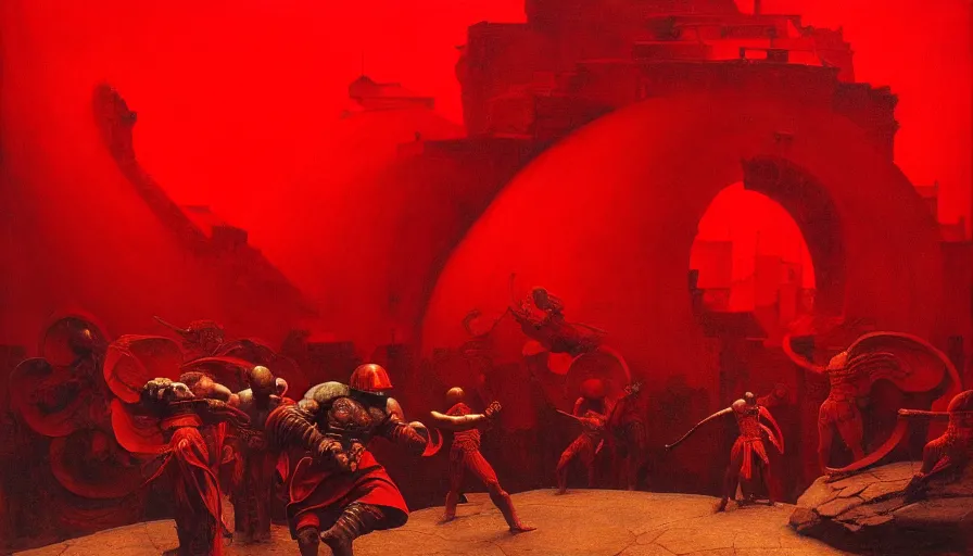 Image similar to only with red, a lightly armored gladiator in a crowded roman amphitheatre, crowd cheering, in the style of beksinski and edward hopper and rodcenko and yue minjun and cory loftis, intricate and epic composition, red by caravaggio, highly detailed, masterpiece, red light, artstation, art nouveau