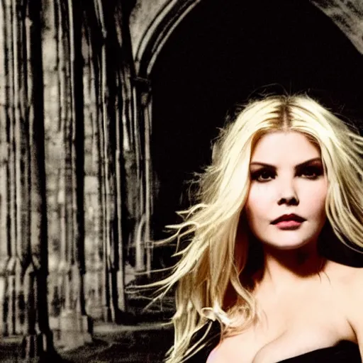 Image similar to elisha cuthbert as a vampire showing her fangs in a gloomy gothic cathedral at night