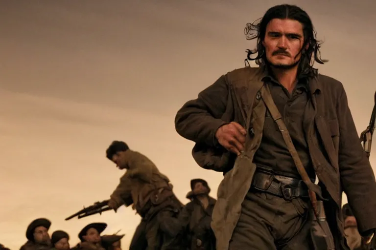 Image similar to Orlando Bloom as Che Guevara in 'Guevara' (2008), movie still frame, promotional image, imax 70 mm footage, oscar nominated cinematography, volumetric lighting, 8k resolution