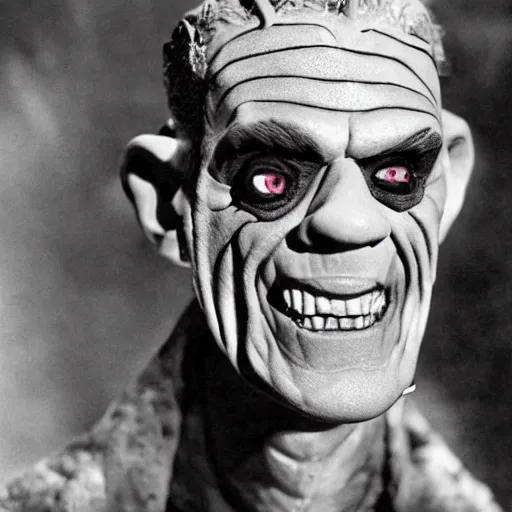 Prompt: old black and white film still photo of actor boris karloff actor as frankenstein monster character smiling in a halloween party, hyper real, hyper detailed