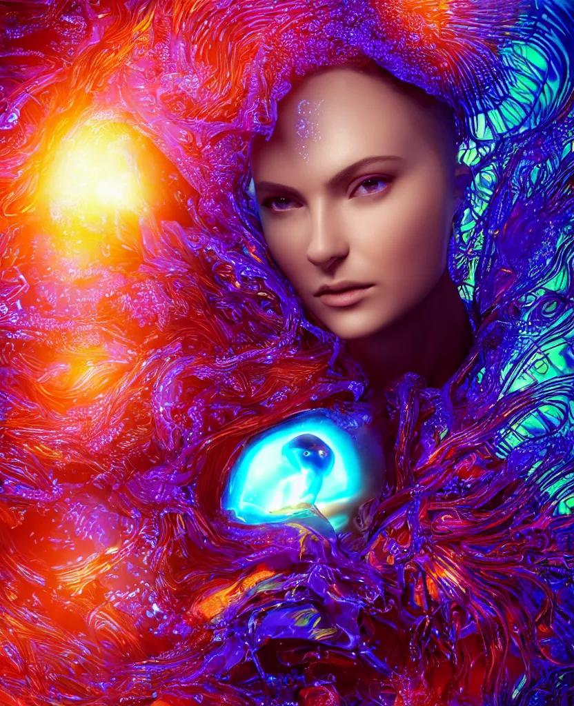 Image similar to dichroic close-up macro portrait of the face of a beautiful princess, epic angle and pose, symmetrical artwork, 3d with depth of field, blurred background, cybernetic jellyfish female face skull phoenix bird, translucent, nautilus, energy flows of water and fire. a highly detailed epic cinematic concept art CG render. made in Maya, Blender and Photoshop, octane render, excellent composition, cinematic dystopian brutalist atmosphere, dynamic dramatic cinematic lighting, aesthetic, very inspirational, arthouse. y Greg Rutkowski, Ilya Kuvshinov, WLOP, Stanley Artgerm Lau, Ruan Jia and Fenghua Zhong