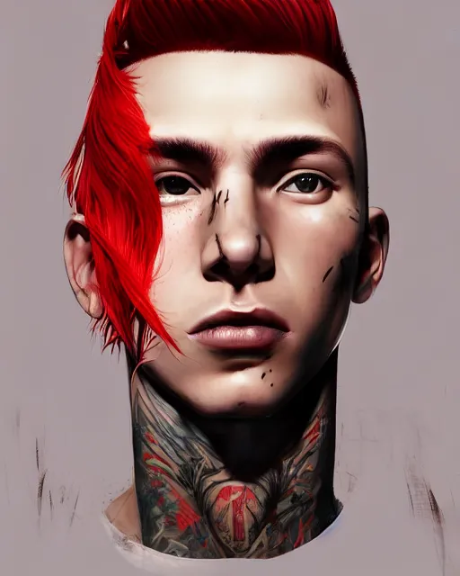 Prompt: young man with a short red mohawk, slim face, piercings, dressed in crustpunk clothing, headshot, attractive, handsome, model, trending on artstation, high quality art, character design, realism art, award winning art, clean face, by mandy jurgens, in color, no makeup, no tattoos, no facial hair