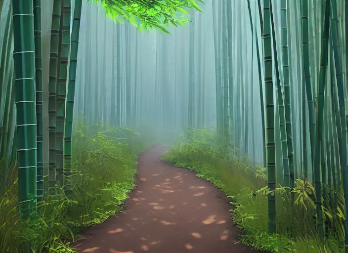 Image similar to deep in a misty japanese bamboo forest, small dirt path, rule of thirds, sunny, cartoony, anime style, mid day, realistic lighting, by ghibli studio, arcane, wild rift, trending on artstation, 4 k, hd