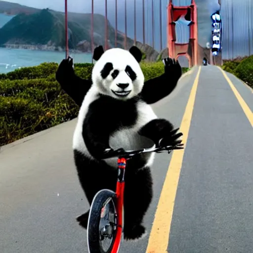 Image similar to a panda holding an umbrella and riding a unicycle on golden gate bridge,