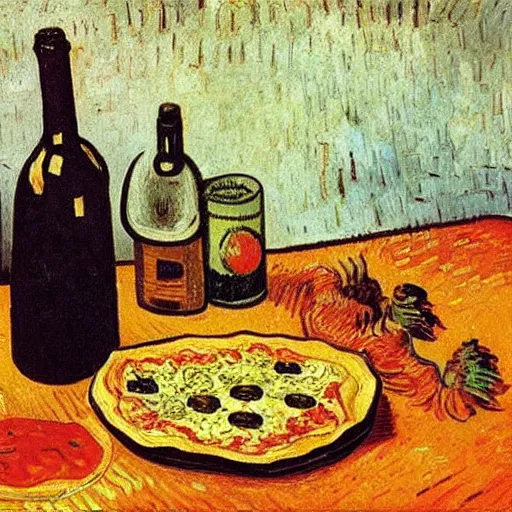 Prompt: Oil painting of a still life with a pizza and wine bottle, by Vincent van Gogh,