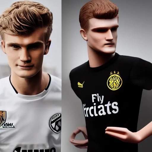 Prompt: a realistic detailed photo of a guy who is an attractive humanoid who is half robot and half humanoid, who is a male android, soccer players martin ødegaard & timo werner, shiny skin, posing like a statue, blank stare, in a living room, on display, showing off his muscles, gold soccer shorts, no jersey, statue, many copies of them