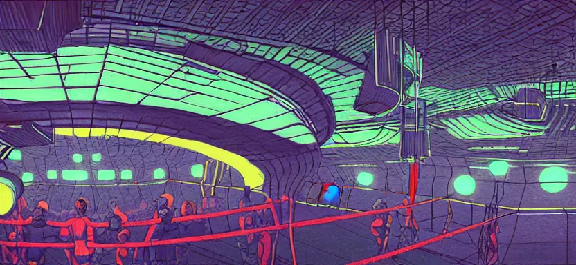 Image similar to handmade illustration of futuristic boxing ring, line art, octane render with volumetric lighting, watercolor by Kilian Eng and escher, olympic weight room in bladerunner neon radioactive swamp