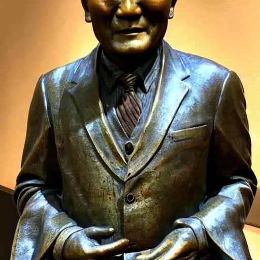 Image similar to close up shot of an old bronze patina statue of takeshi kitano in a museum