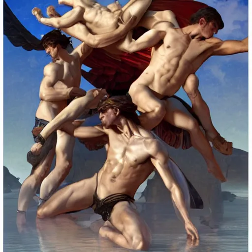 Image similar to ultra realistic illustration of young greek gods wrestling, full body, male body study, icarus, apollo and hyacinthus, poster art by artgerm and greg rutkowski and alphonse mucha