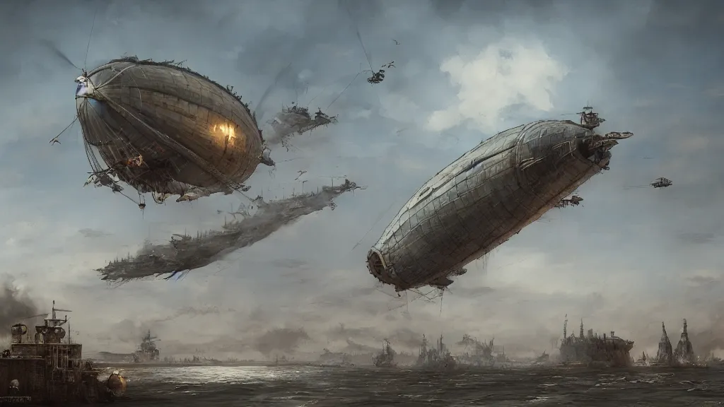 Prompt: metal zeppelin airships flying in the sky, papyrus, watercolored, jakub rozalski, dark colours, dieselpunk, artstation