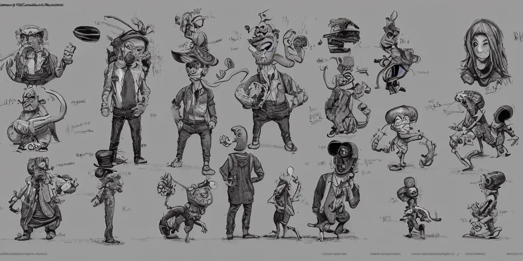 Prompt: character design robert crumb style, character design sheet, Greg Rutkowski, Zabrocki, Karlkka, Jayison Devadas, Phuoc Quan, trending on Artstation, 8K, ultra wide angle, zenith view, pincushion lens effect