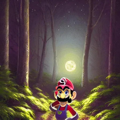 Prompt: an ultra - detailed beautiful painting of waluigi from the mario bros series in a dark forest, moonlight through the trees, oil panting, high resolution 4 k, by ilya kuvshinov, greg rutkowski and makoto shinkai )