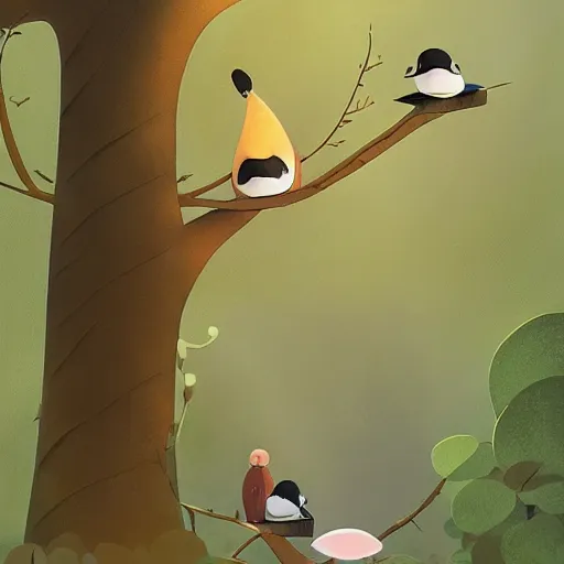 Prompt: path to travel between the mother bird finding food and her 3 young waiting in the treetop, ilustration art by Goro Fujita