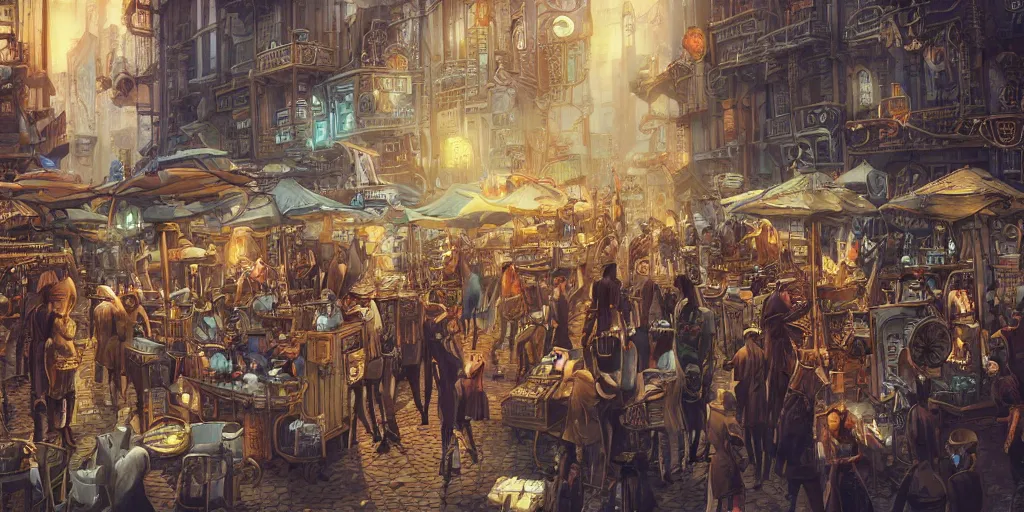 Prompt: steampunk metropolis street scene where hipsters, shamans and egyption god robots huddle against the wind eating noodles at a street food stall. gothic steampunk fantasy, by anato finnstark and hayao miyazaki, 8 k, extreme detail, sharp focus, octane render