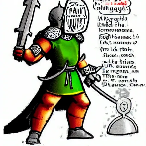 Image similar to of a dumb crusader knight that is the anti comunism crusader character, full plate, totally mad and yelling, shoutting using a megaphone, full plate, sword, shield, character sheet explaining his items and weapons,,