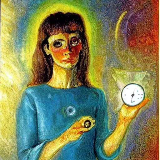 Image similar to A illustration. A rip in spacetime. Did this device in her hand open a portal to another dimension or reality?! symbolism by Margaret Olley ghostly