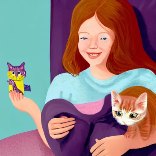 Image similar to young freckled smiling pretty redhead girl is holding a kitten while watching tv, depicted for a children's book, in the style of claudia gadotti and katie risor