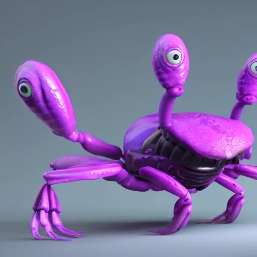 Image similar to full body purple alien crab creature with a lot of legs and many eyes and long nose detailed photo realistic cute 3d render