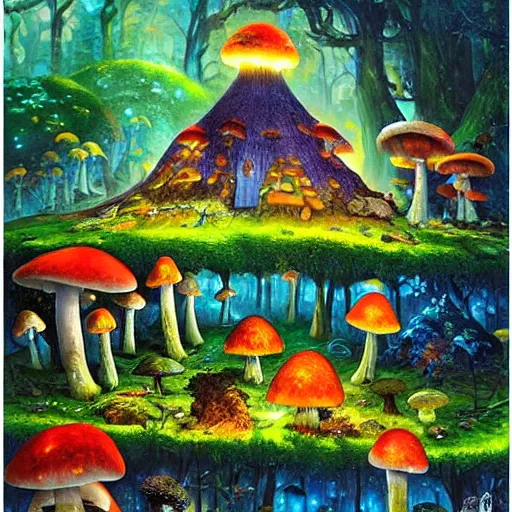 Image similar to mushroom village located deep in a forest, bioluminescent, art by james christensen, rob gonsalves, paul lehr, leonid afremov and tim white