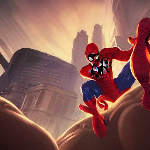 Image similar to the maxx vs spiderman, mtv liquid television, greg rutkowski, trending on artstation