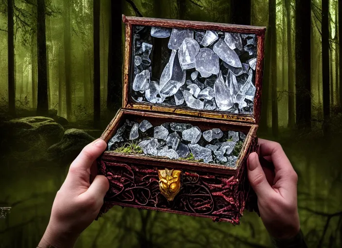 Image similar to photo of a crystal box with horrors inside in the forest. Fantasy horror style. Highly detailed 8k. Intricate. Nikon d850 55mm. Award winning photography.