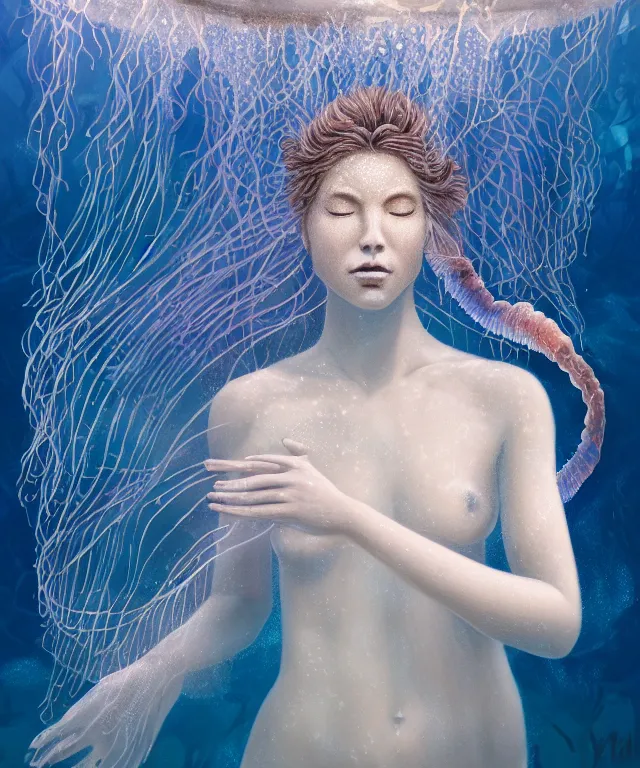 Image similar to underwater portrait of a goddess mermaid with (reaction diffusion) scaled fish skin Bioluminescent phoenix jellyfish, energy rays, Her breath shot a haze of steam out into the frosty morning air concept, soft light, soft mood, realistic body features and face, illustration,intricate ornament halo, painting oil on canvas by Elena Zhurikhina and Goro Fujita and Charlie Bowater, octane render trending on artstation, 4k, 8k, HD