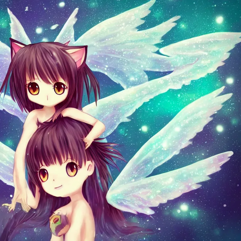 Image similar to cute, full body, female, anime style, a cat girl with fairy wings patting a dragon, large eyes, beautiful lighting, sharp focus, simple background, creative, heart effects, filters applied, illustration