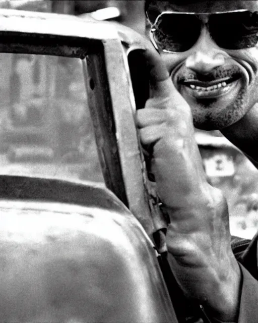 Image similar to film still close - up shot of dwayne johnson as a new york city cab driver from the movie taxi driver. photographic, photography