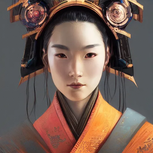 Prompt: closeup of a young cyberpunk samurai lady wearing a visor D&D, fantasy, intricate, elegant, highly detailed, digital painting, artstation, concept art, matte, sharp focus, illustration, hearthstone, art by Artgerm and Greg Rutkowski and Alphonse Mucha