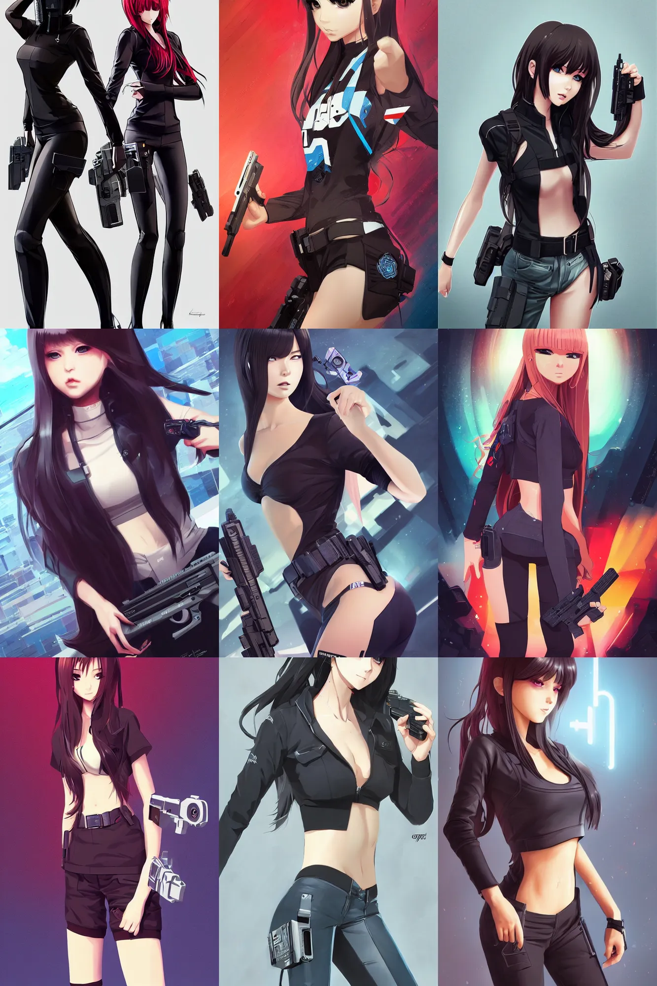 Prompt: uncropped full body character portrait poster girl gang leader with cyberwear holding a glock, long straight hair, duotone colour, cute face, pretty face, anime by kuvshinov ilya, artgerm and greg rutkowski, 4 k, graphic design, adobe illustrator, behance, trending on artstation