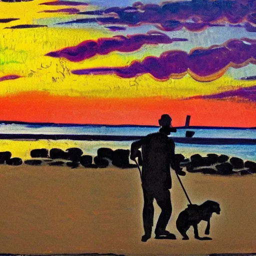 Image similar to fauvist painting of a man walking with a metal detector and a dog on a danish beach at sunset,