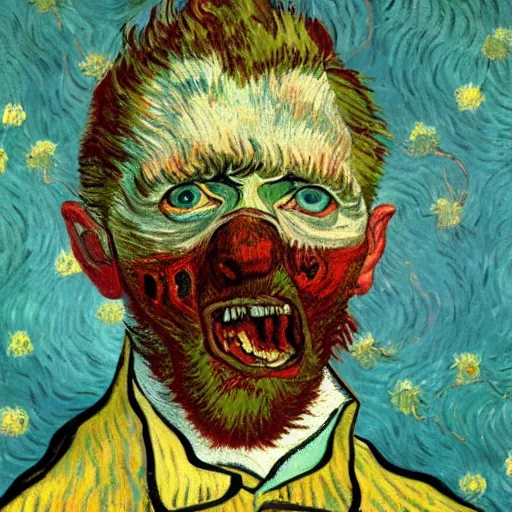 Prompt: painting of a man with insects in his eyes, bloody face, ugly teeth in van gogh style