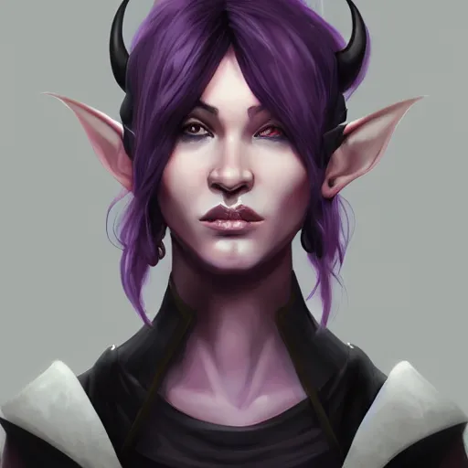 Prompt: a portrait of a tiefling with light purple skin and black hair, stunning digital painting trending on artstation