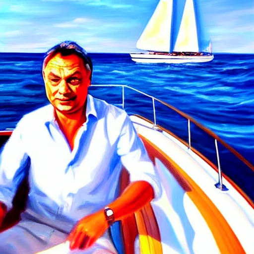 Prompt: viktor orban sailing a yacht, oil painting