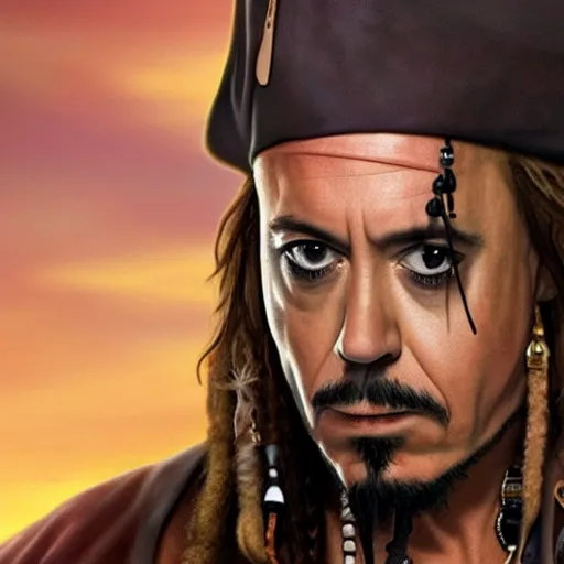 Prompt: Robert Downey Jr. as Jack Sparrow, HD, photorealistic, cinematic lighting