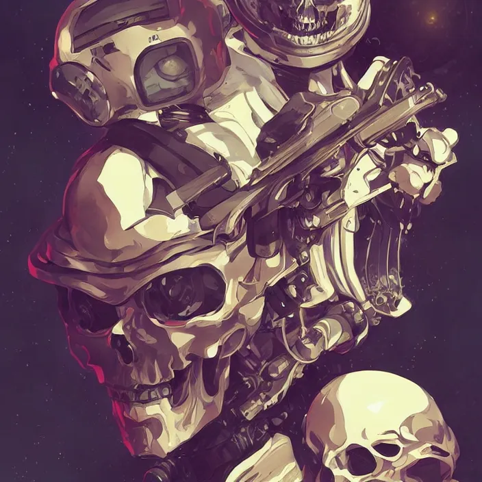 Image similar to anime skull portrait space pirate captain, futuristic science fiction, mucha, hard shadows and strong rim light, art by jc leyendecker and atey ghailan and sachin teng