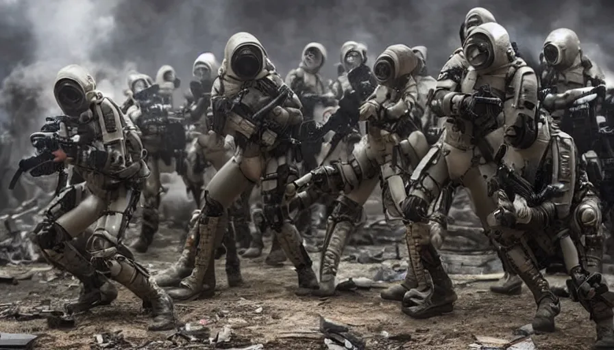 Prompt: big budget action movie set in a technoir warzone where beautiful female cyborgs in rubber suits and gas masks fight each other with miniguns 0