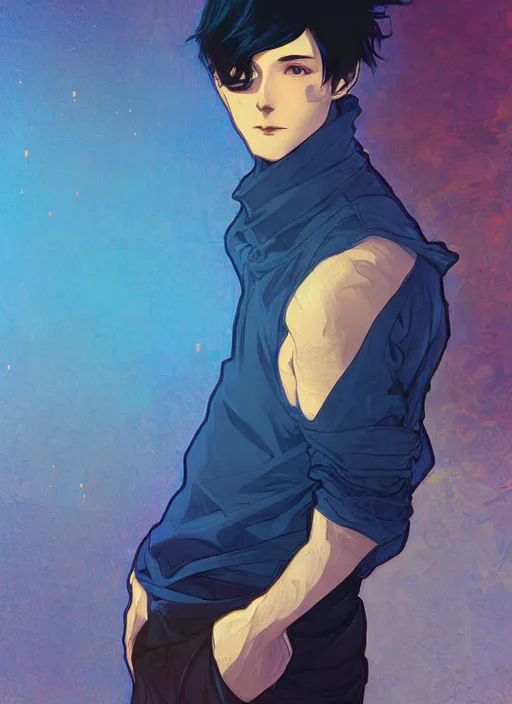 Image similar to handsome young man with short black hair, male, dressed in blue, looking down, half body shot, arms down, path traced, highly detailed, high quality, digital painting, posuka demizu, alphonse mucha, alena aenami